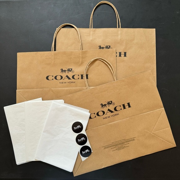 3 x Coach Brown Paper Shopping Gift Bag & Logo Print Paper Tissue & Sticker New - Picture 1 of 2